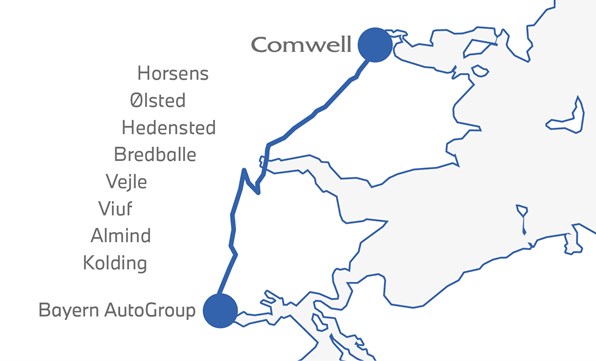 Rute fra Bayern AutoGroup Kolding til Comwell Bygholm Park i Horsens.