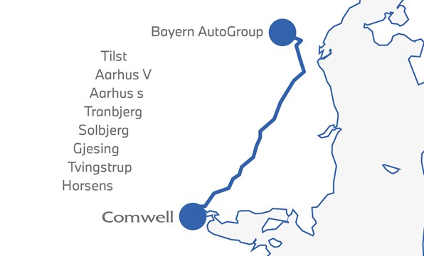 Rute fra Bayern AutoGroup Aarhus til Comwell Bygholm Park i Horsens.